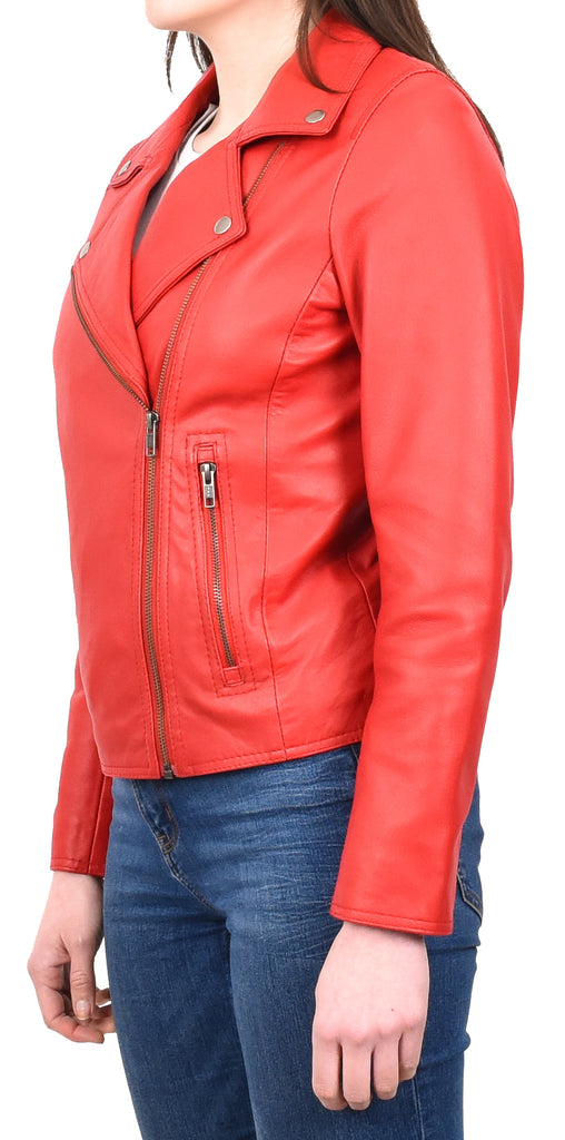 DR216 Women's Casual Smart Biker Leather Jacket Red 5