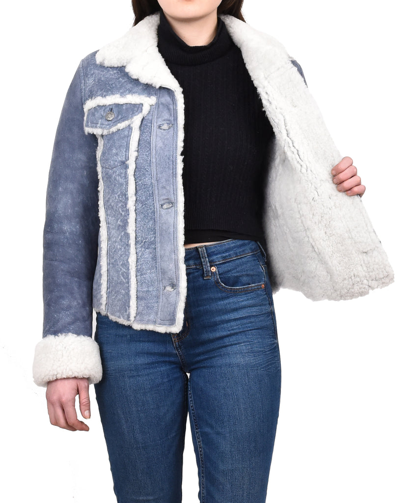 DR239 Women's Real Sheepskin Trucker Jacket Denim Blue 8