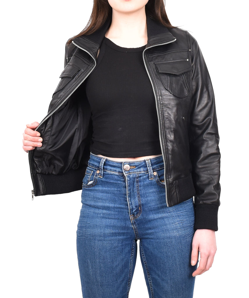 DR514 Womens Leather Classic Bomber Jacket Black 12