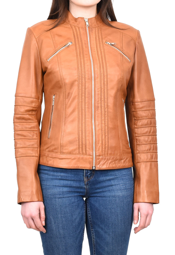 DR222 Women's Casual Biker Leather Jacket Tan 6