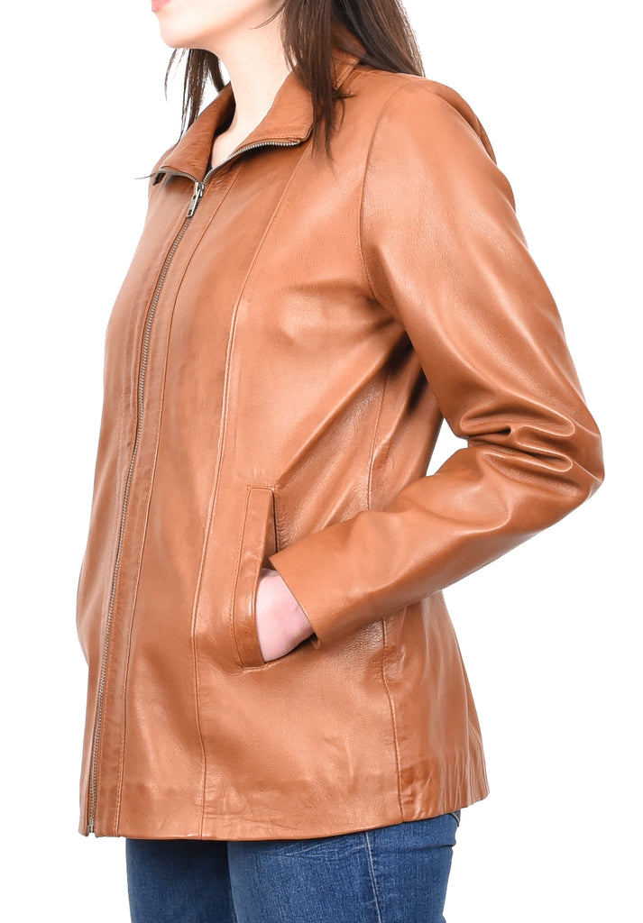 DR202 Women's Casual Semi Fitted Leather Jacket Tan 7