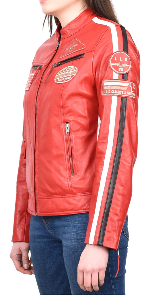DR674 Women's Soft Real Leather Racing Biker Jacket Red 7