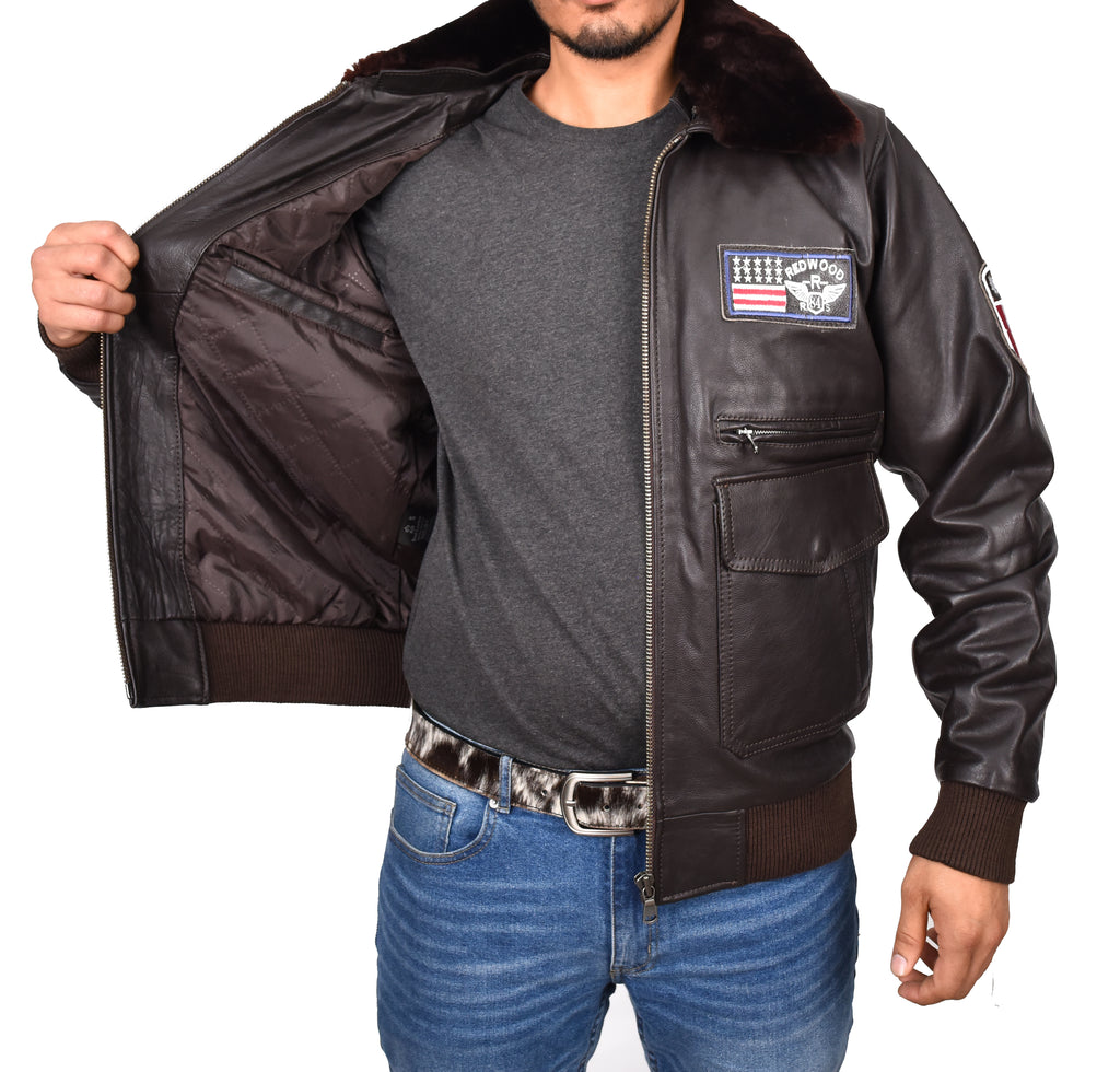 DR184 Men's Leather Bomber Jacket with Detachable Collar Brown 8