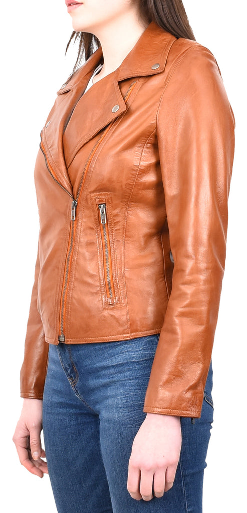 DR216 Women's Casual Smart Biker Leather Jacket Tan 6