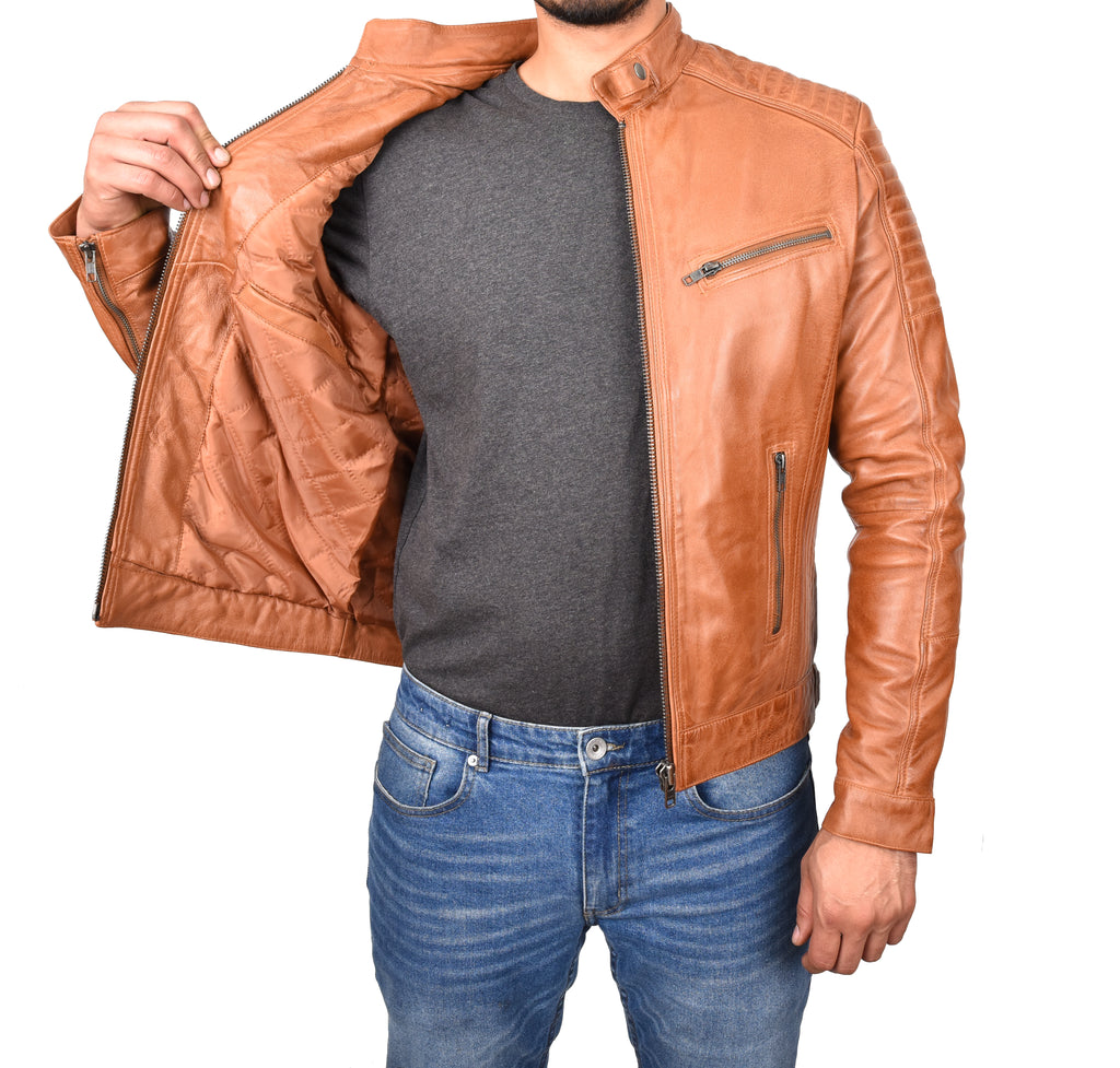 DR101 Men's Leather Cafe Racer Biker Jacket Tan 7