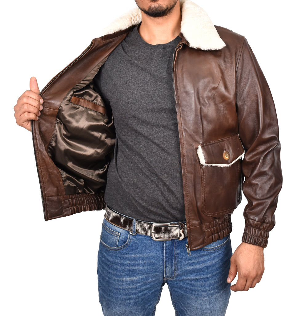 DR183 Men's Leather Bomber Jacket Aviator Style Brown 8