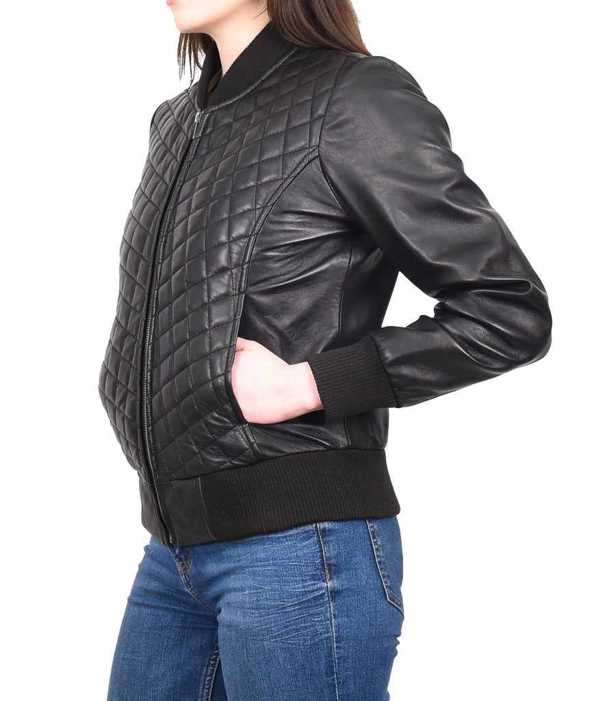 DR211 Women's Quilted Retro 70s 80s Bomber Jacket Black 8