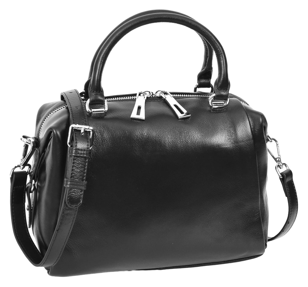 Edmonton Women Small Barrel Shape Leather Shoulder Handbag Black-8