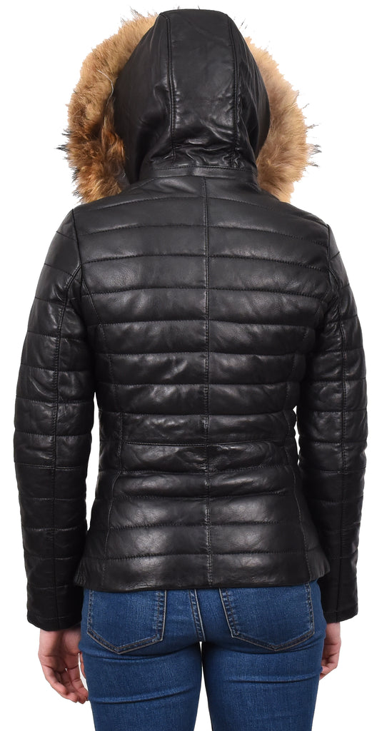 DR262 Women’s Real Leather Puffer Jacket Removable Hood Black 7