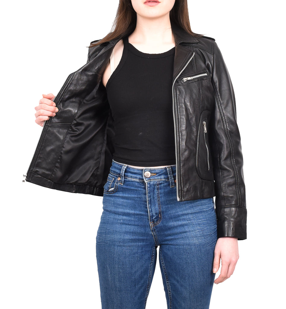 DR194 Women's Casual Leather Biker Jacket Short Black 12