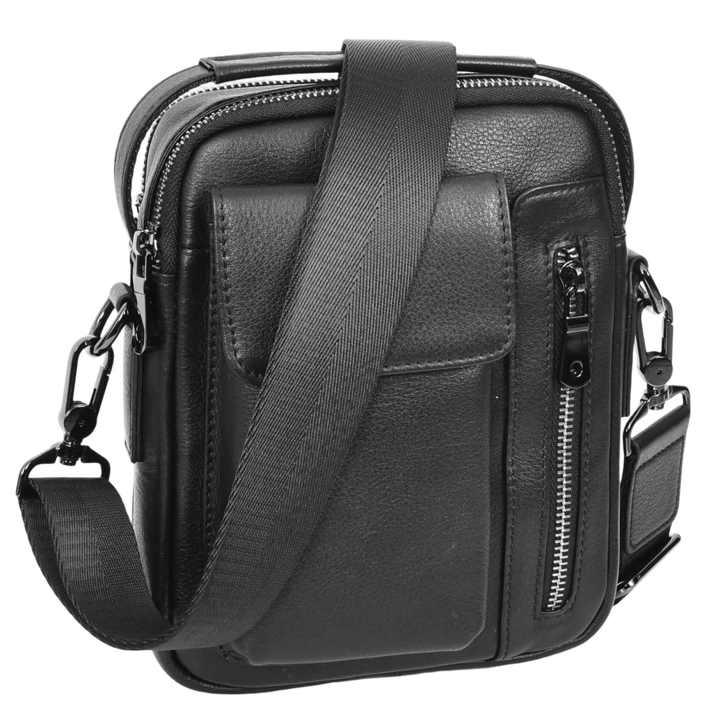 Crosso Men's Leather Cross-Body Organiser Flight Bag Black-9