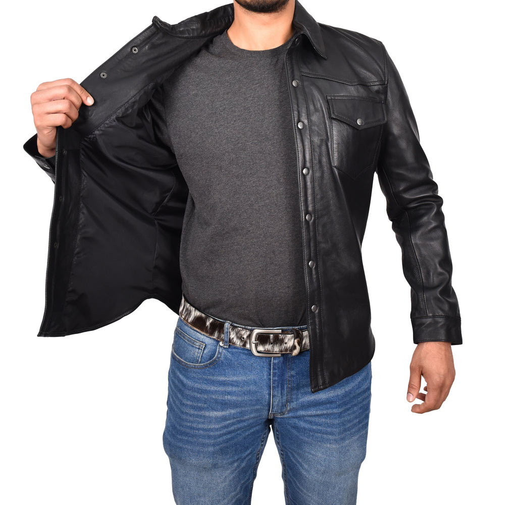 DR548 Men's Classic Leather Trucker Style Shirt Black 7