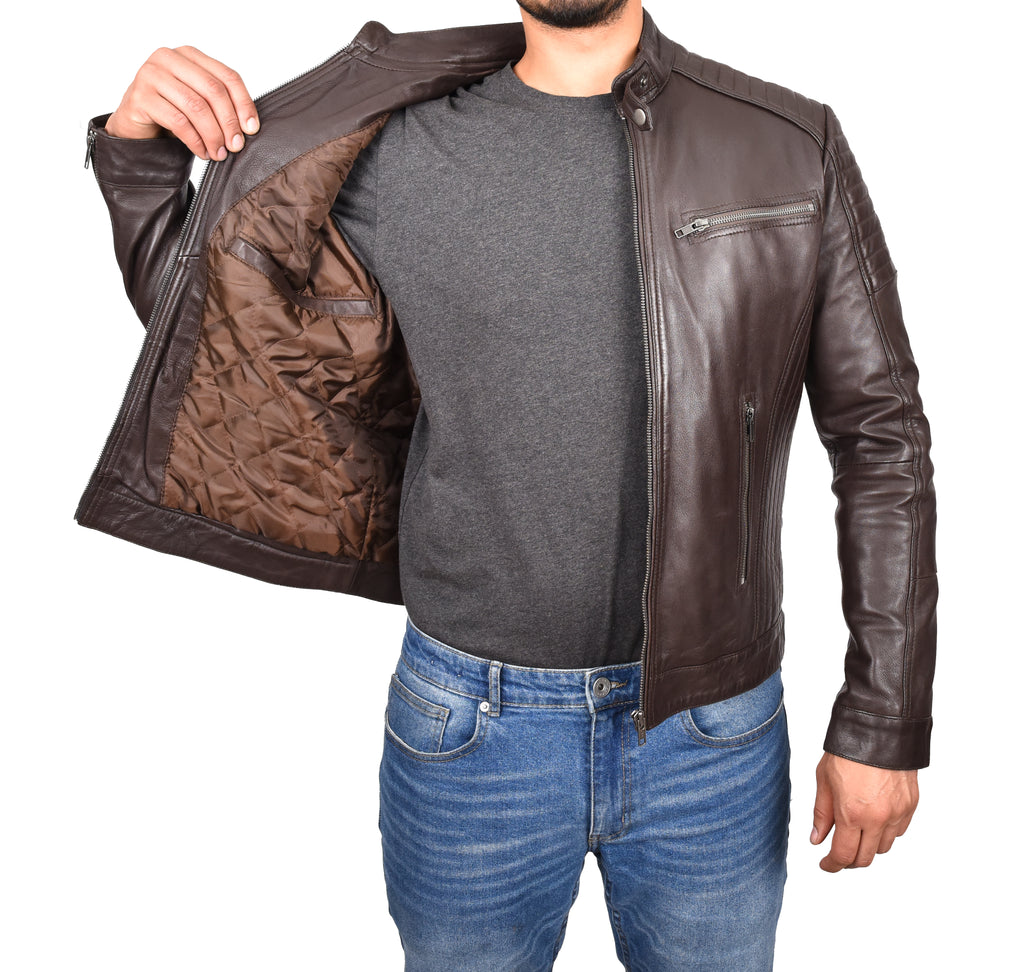 DR101 Men's Leather Cafe Racer Biker Jacket Brown 7