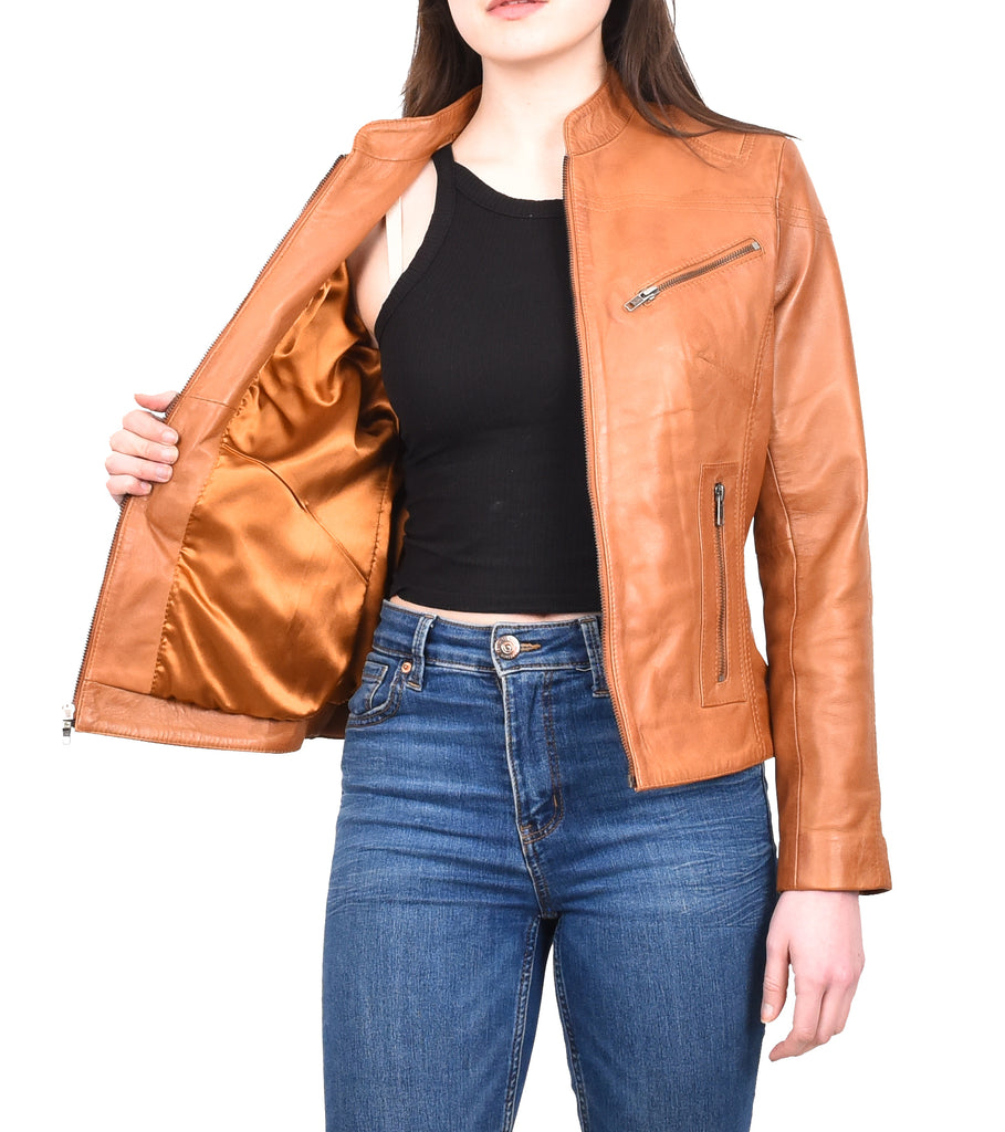 DR200 Ladies Classic Casual Biker Leather Jacket Tan 11