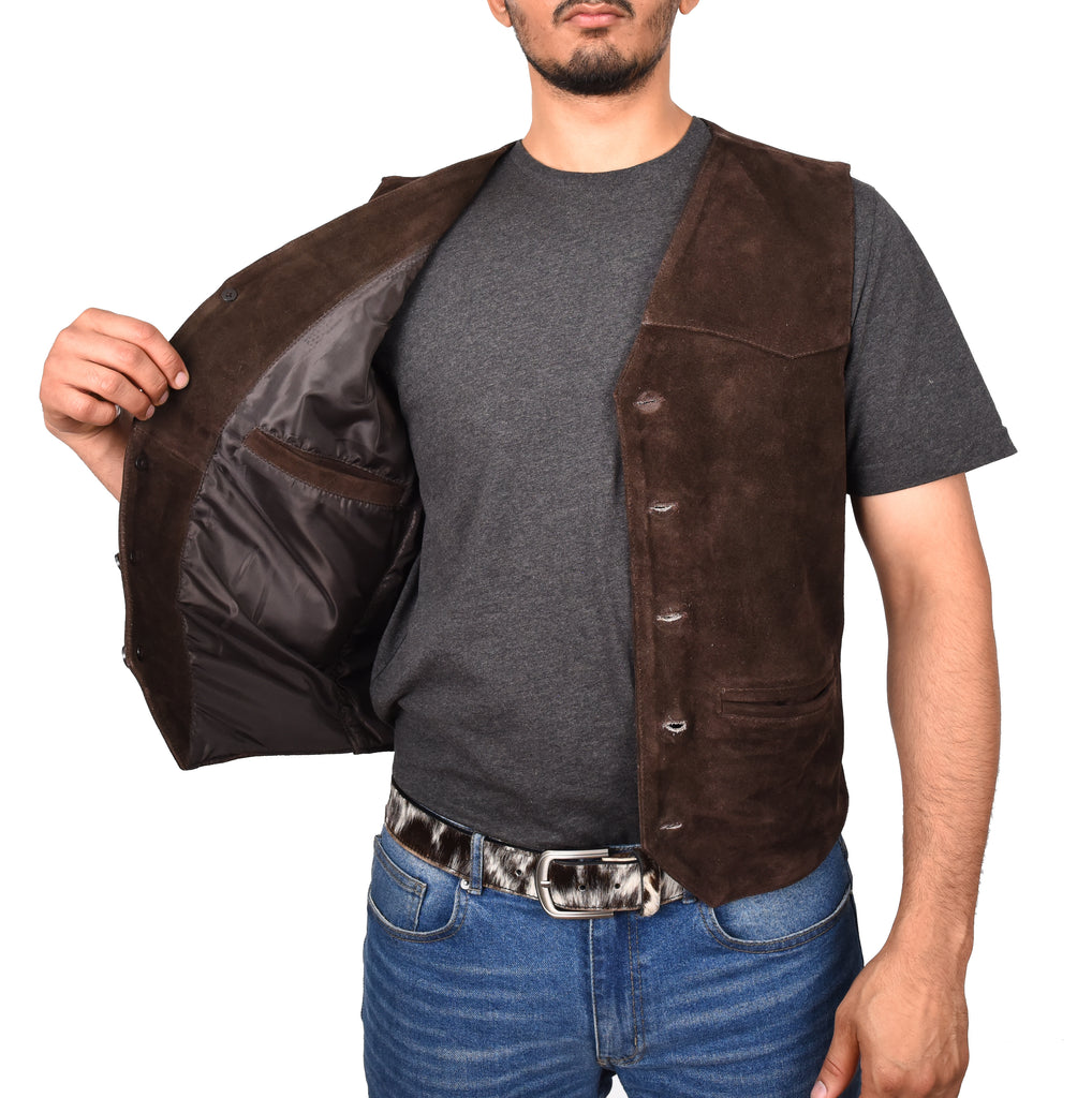 DR121 Men's Leather Suede Cowboy Waistcoat Brown 7