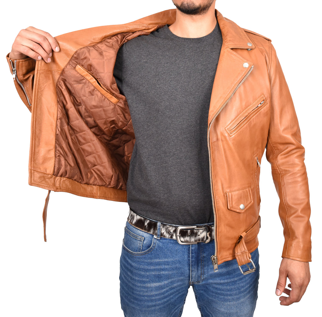 DR100 Men's Biker Real Leather Jacket Tan 7