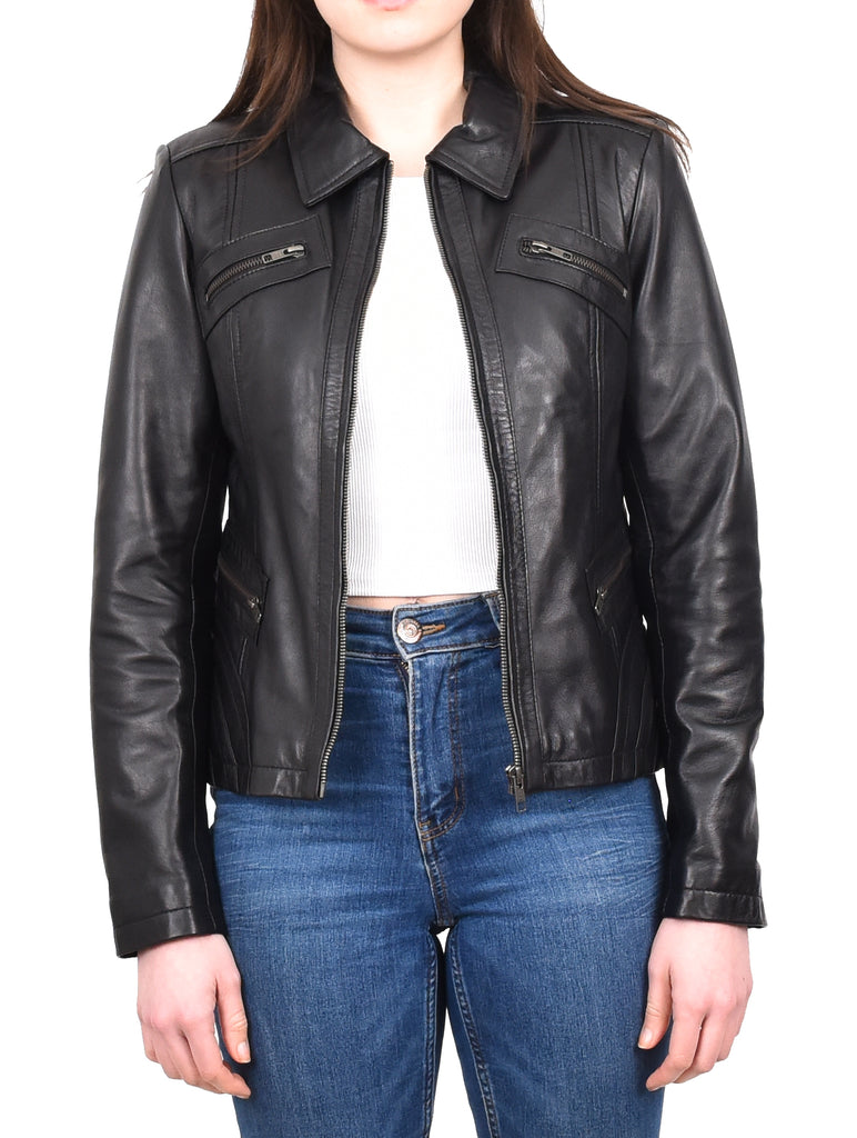 DR223 Women's Classic Leather Biker Zip Box Jacket Black 8