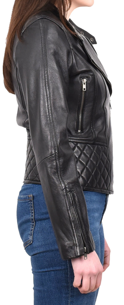 DR233 Women's Biker Leather Jacket Quilted Design Black 6