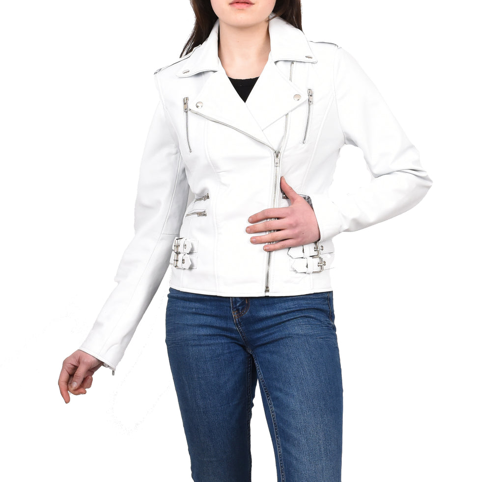 DR195 Women’s Trendy Biker Leather Jacket White Vintage 7