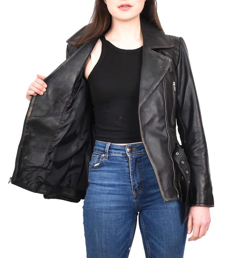 DR205 Women’s Slim Fit Cut Hip Length Biker Leather Jacket Rub off 12