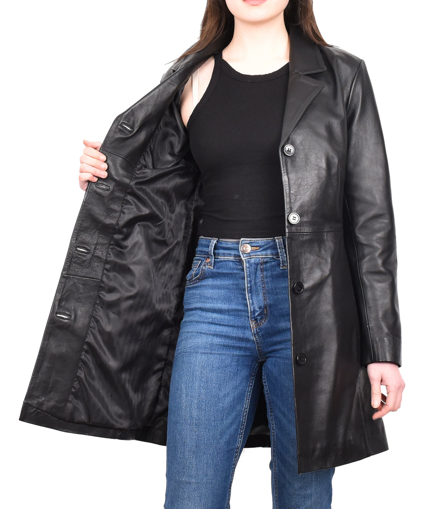 DR424 Women's Smart Long Leather Coat Black 11