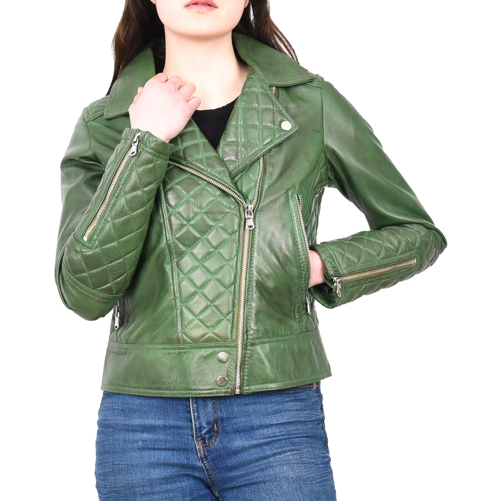 DR238 Women's Leather Biker Jacket with Quilt Detail Green 9