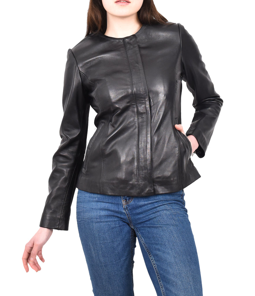 DR244 Women's Real Leather Collarless Jacket Black 8