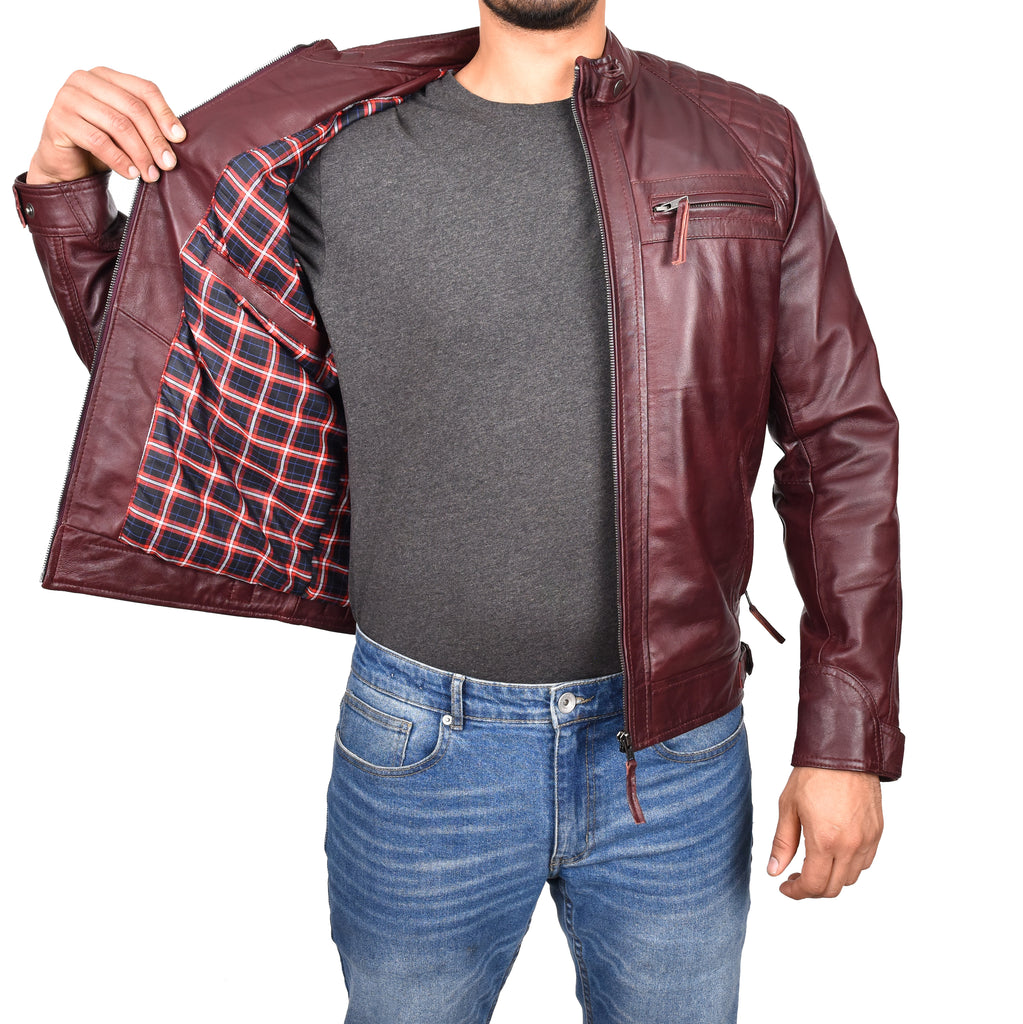 DR117 Men's Biker Leather Jacket Burgundy 7