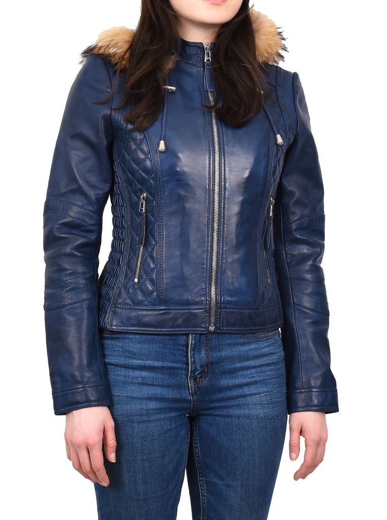 DR261 Women's Detachable Hoodie Biker Leather Jacket Blue 7