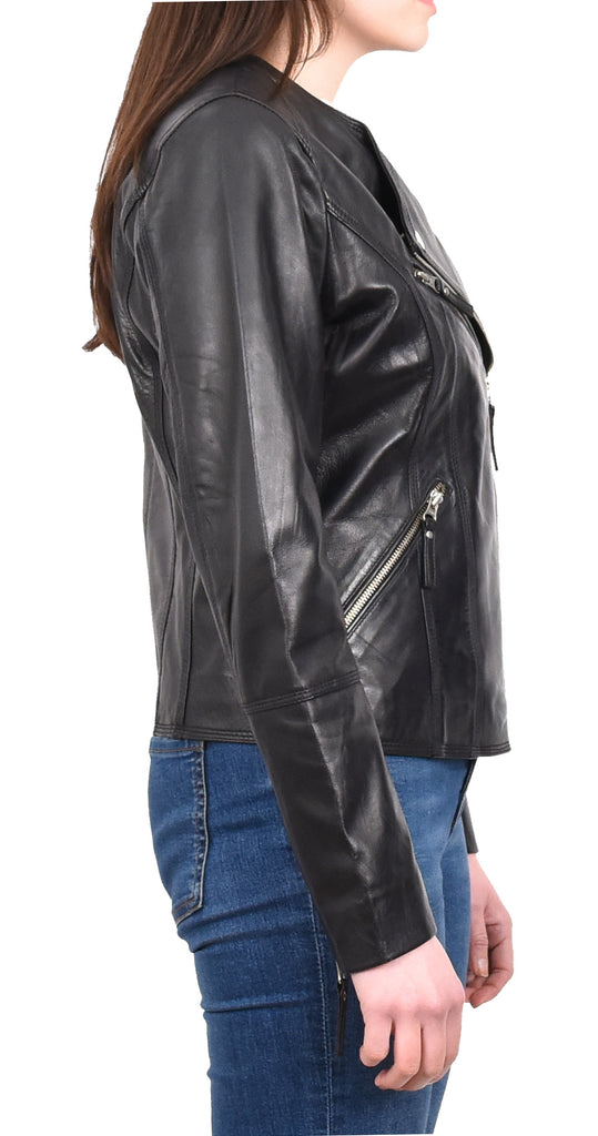 DR572 Women's Casual Cross Zip Leather Jacket Black 7