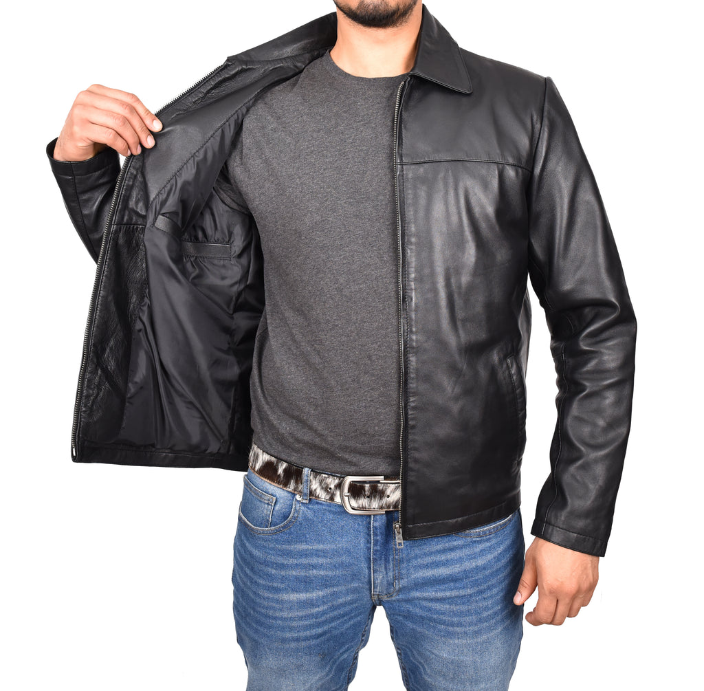 DR104 Men's Classic Zip Box Leather Jacket Black 8