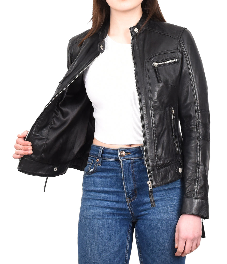 DR245 Women's Real Leather Biker Jacket Black 8