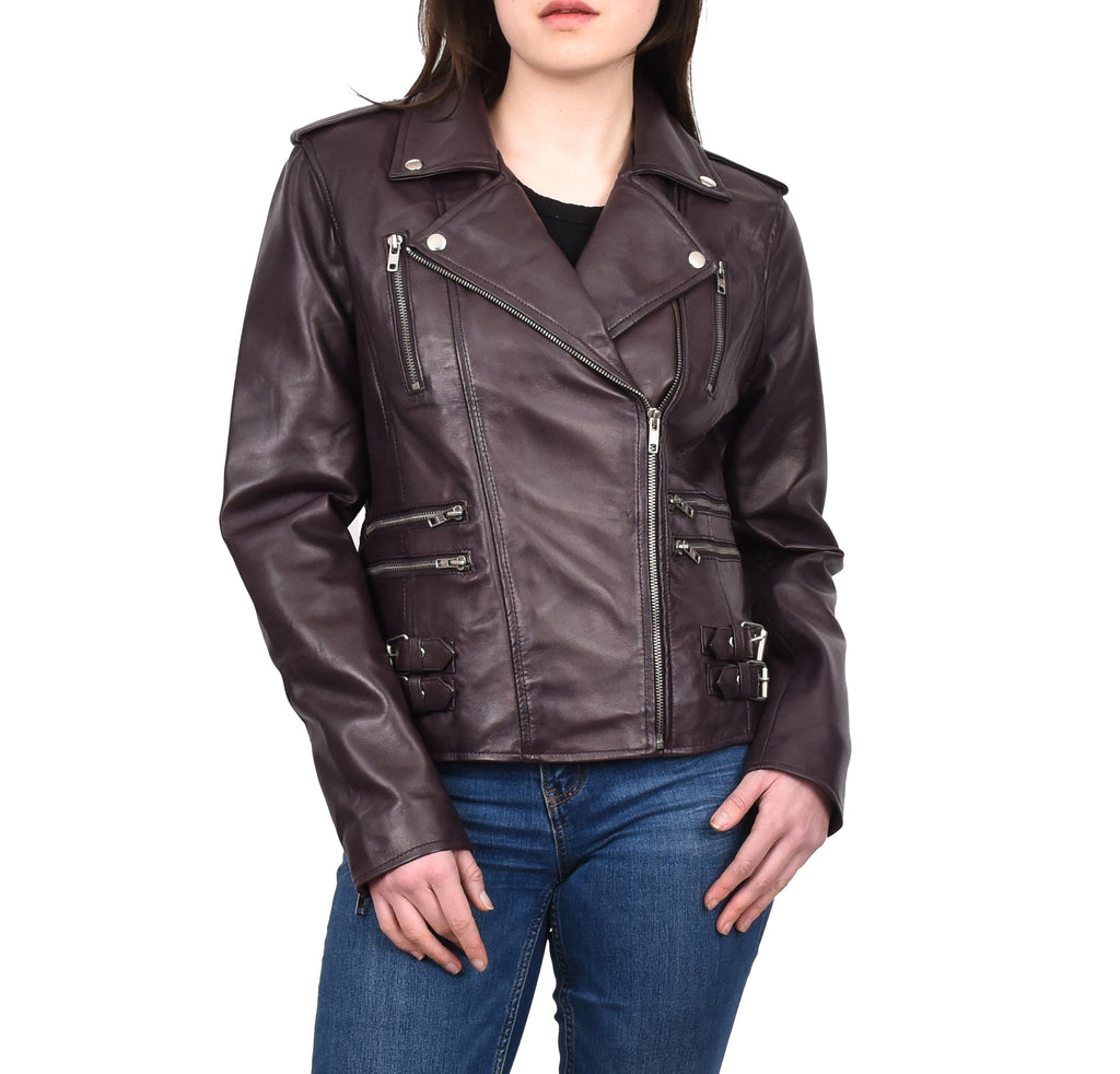 Women’s Trendy Biker Genuine Leather Jacket Brown Revolve 1