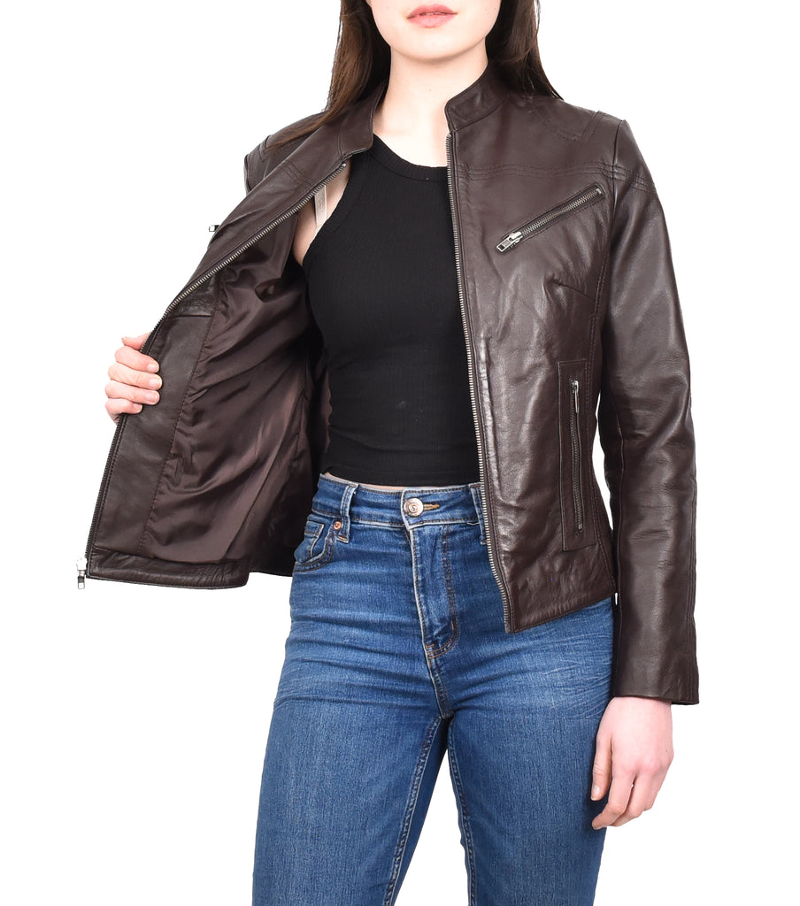 DR200 Ladies Classic Casual Biker Leather Jacket Brown 11