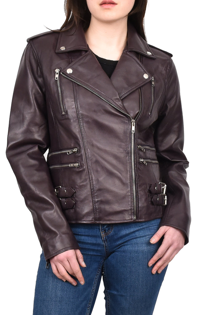 DR195 Women’s Trendy Biker Leather Jacket Brown 7