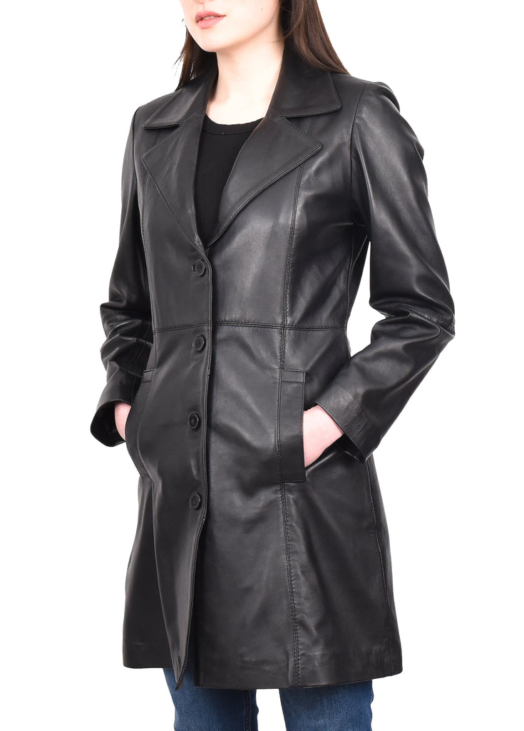 DR196 Women's 3/4 Length Soft Leather Classic Coat Black 8