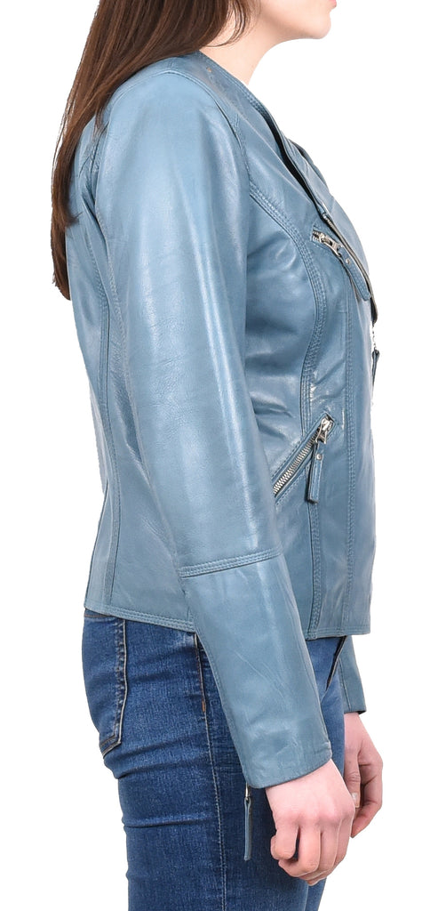 DR572 Women's Casual Cross Zip Leather Jacket Teal 7