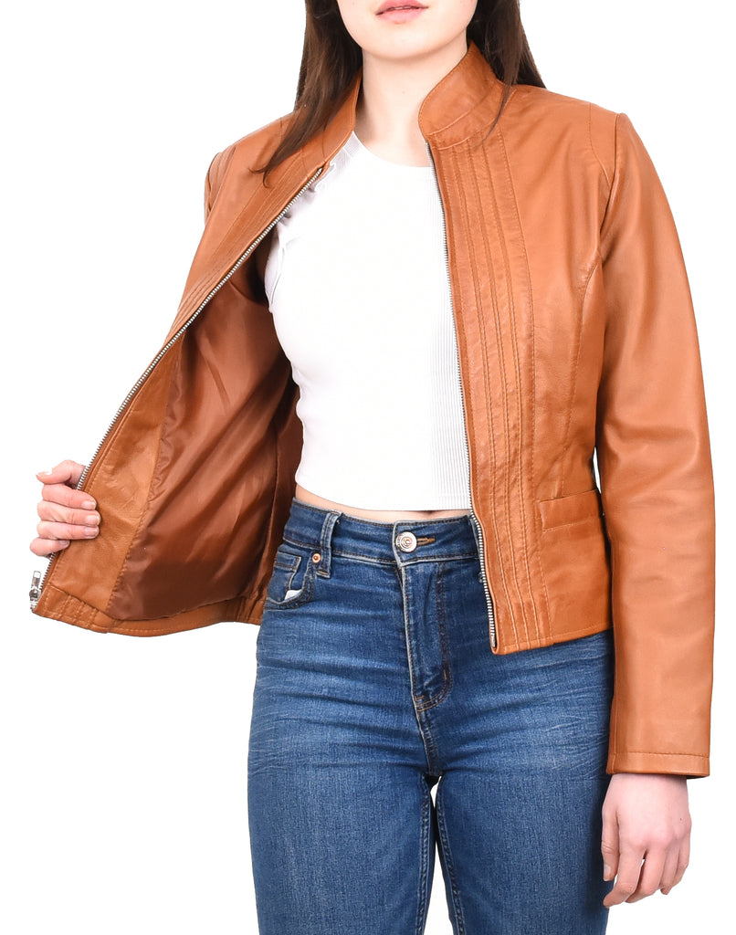 DR210 Women's Casual Biker Leather Jacket Tan 11