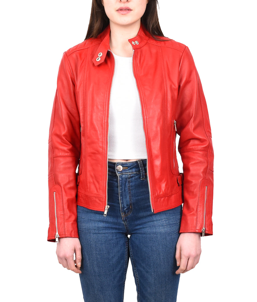 DR234 Women's Fitted Smart Leather Jacket Red 8