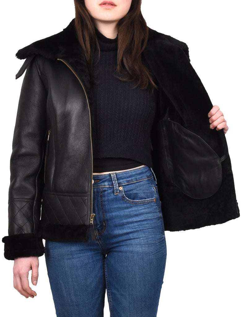 DR533 Women's Real Sheepskin Aviator Jacket Black 10