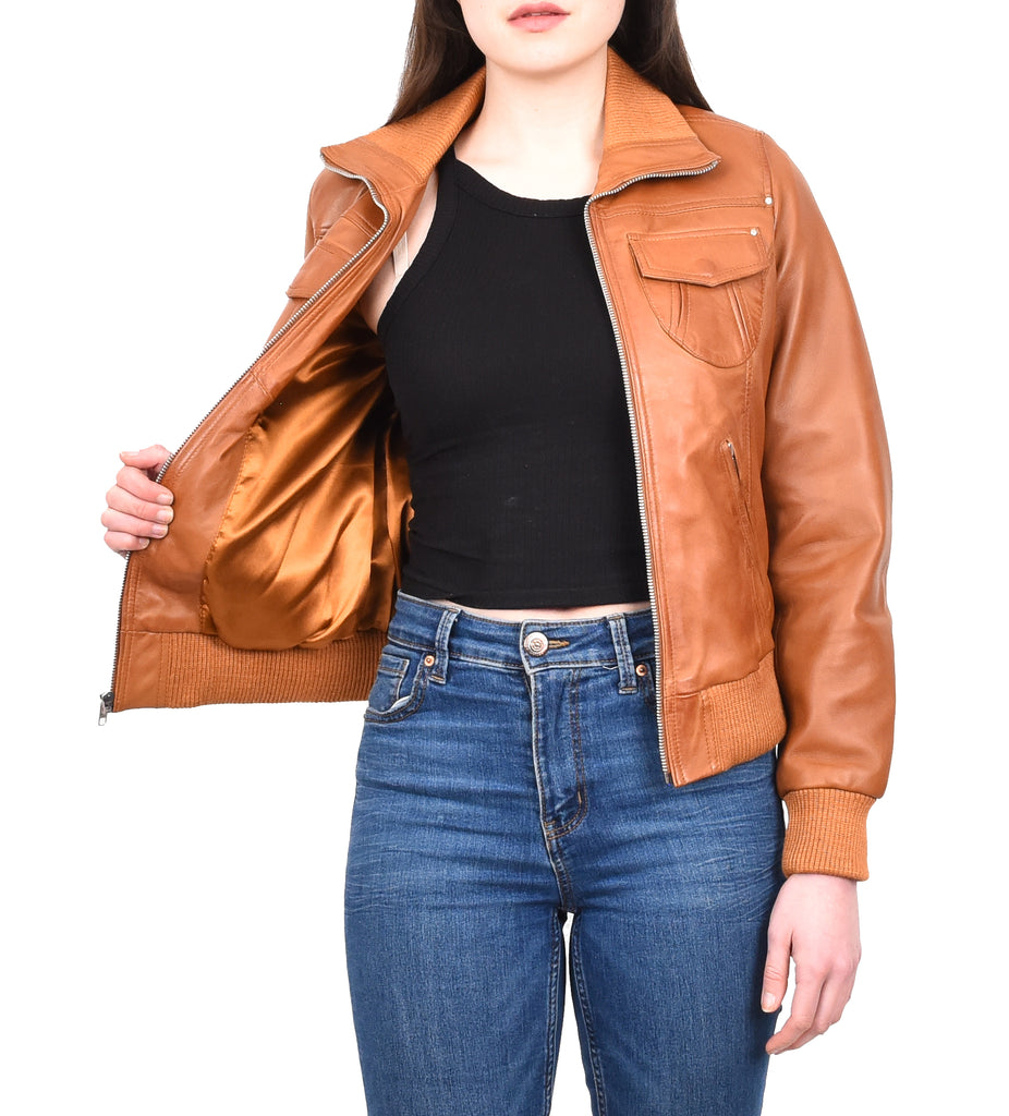 DR514 Womens Leather Classic Bomber Jacket Tan 12