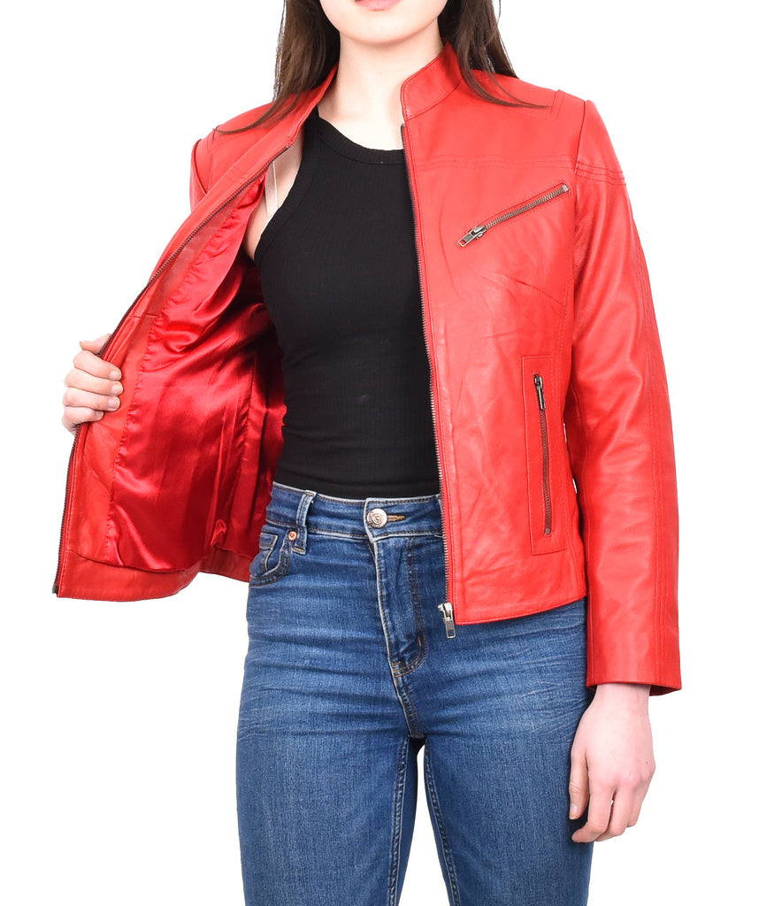 DR200 Ladies Classic Casual Biker Leather Jacket Red 11