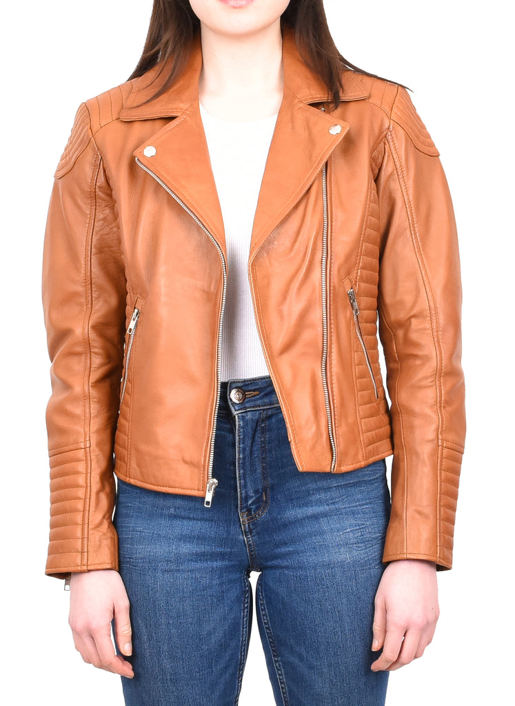 DR206 Women's Soft Leather Cross Zip Biker Jacket Tan 8