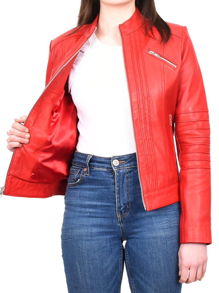 DR222 Women's Casual Biker Leather Jacket Red 11