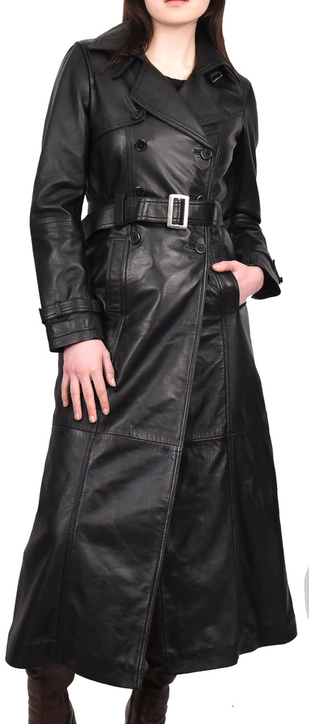 DR242 Women's Leather Full Length Trench Coat Black 8