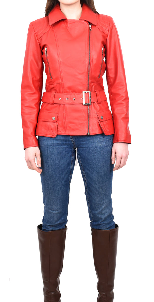 DR205 Women’s Slim Fit Cut Hip Length Biker Leather Jacket Red 8