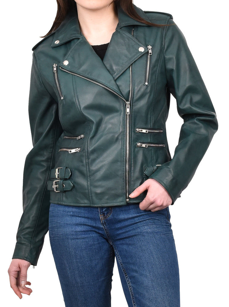 DR195 Women’s Trendy Biker Leather Jacket Teal 8