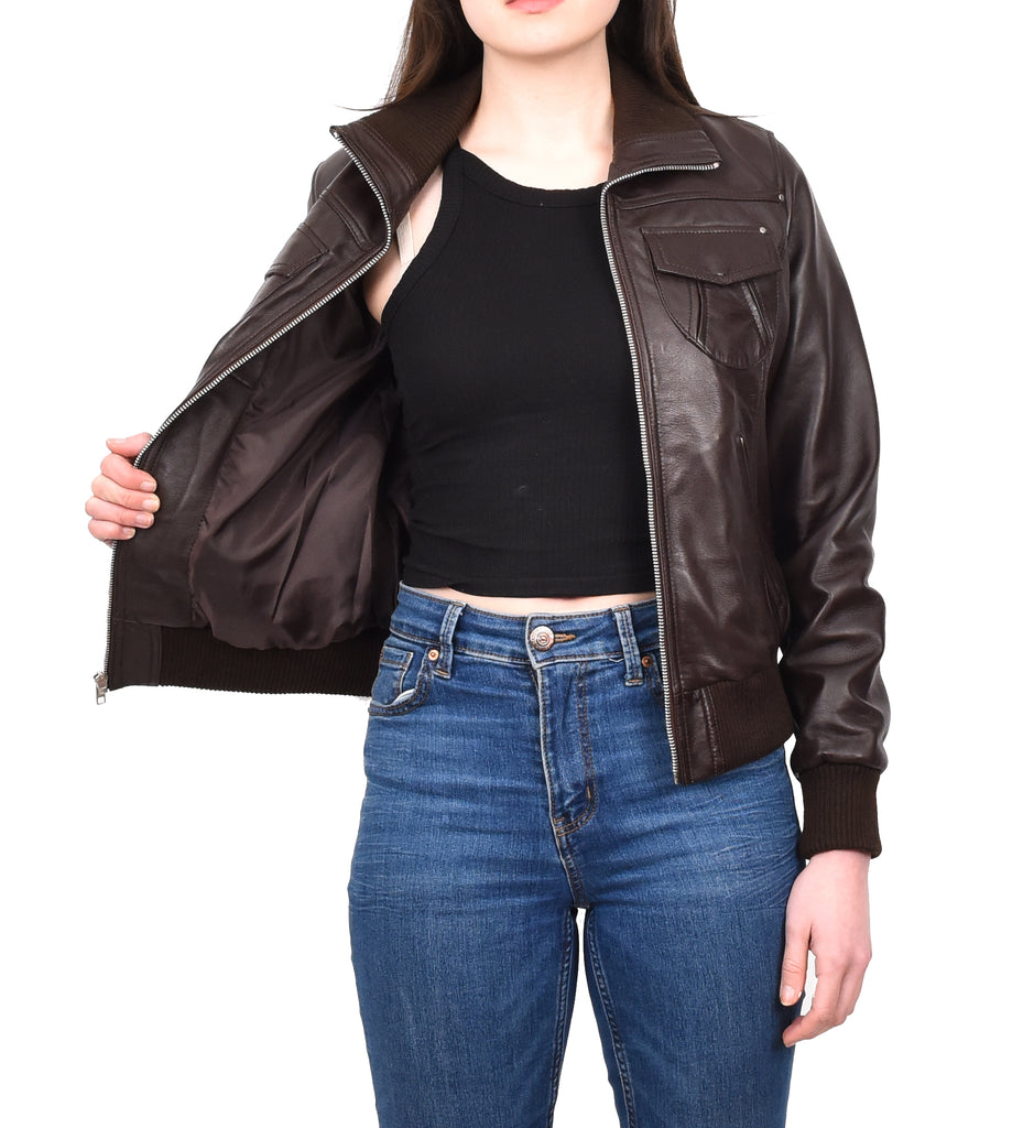 DR514 Womens Leather Classic Bomber Jacket Brown 12