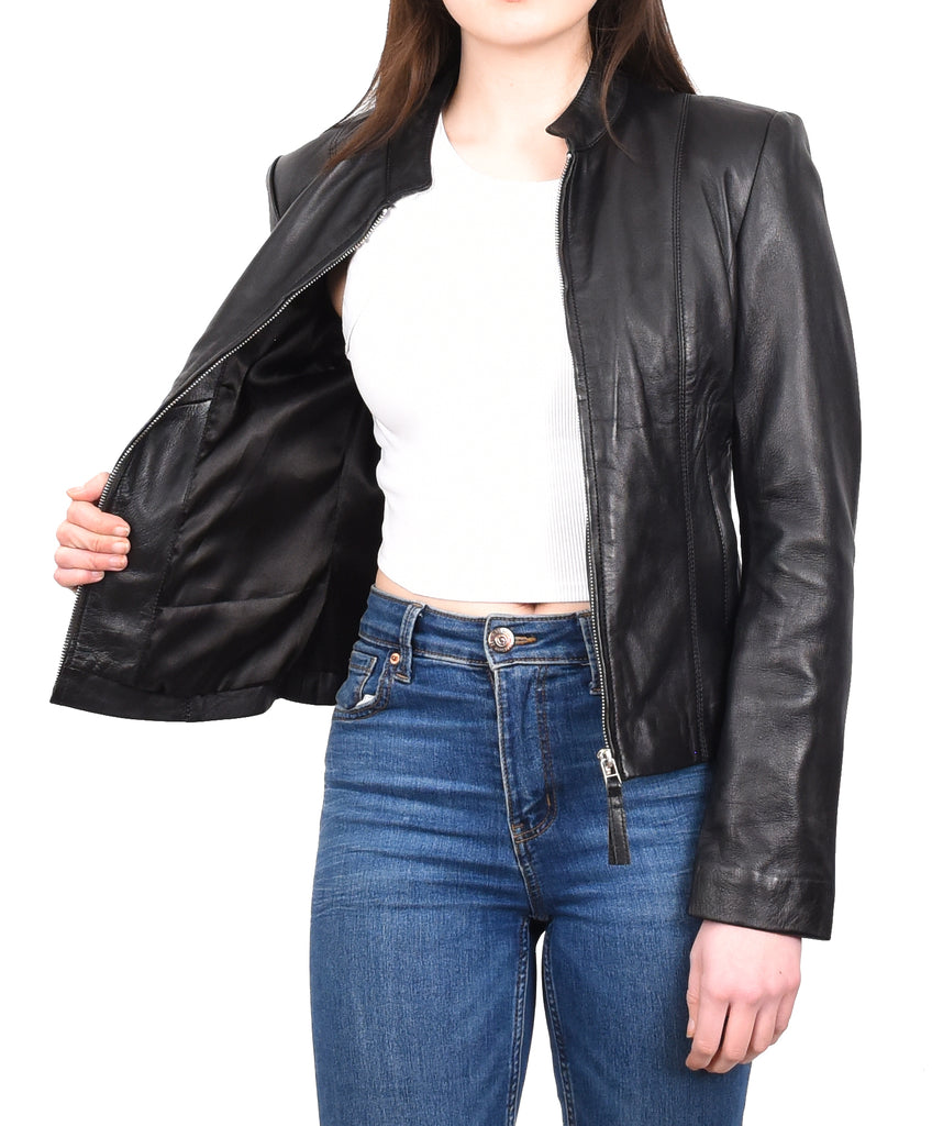 DR571 Women's Casual Zip up Genuine Leather Biker Jacket Black 11