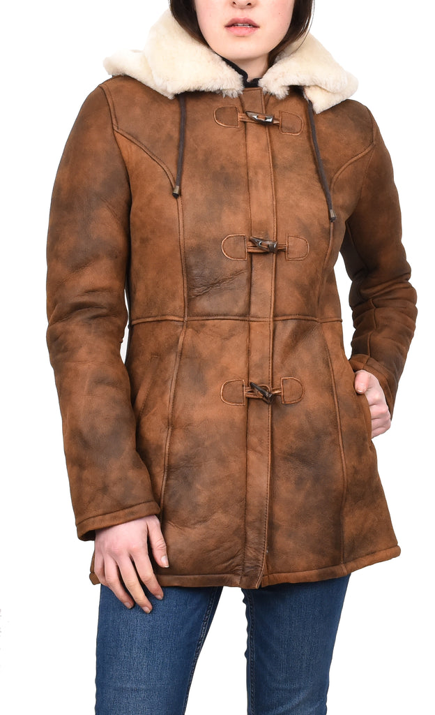 DR229 Women's Sheepskin Duffle Coat Mid Length Tan 9